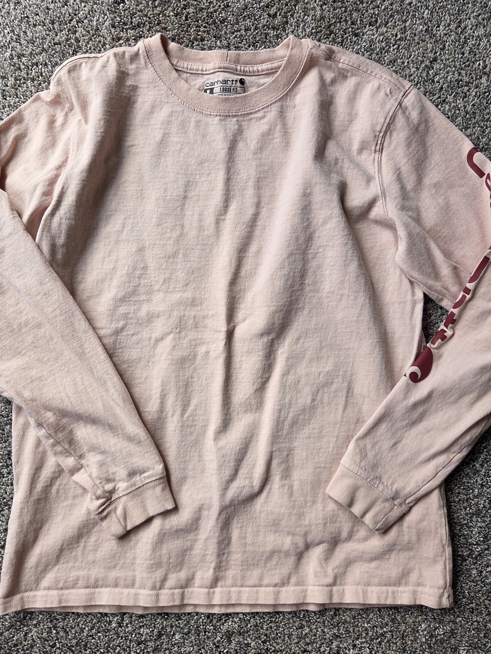 Carhartt Pale Pink Long-Sleeve Crewneck with Maroon Sleeve Print
